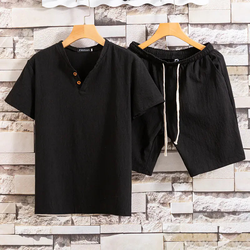 Cotton Linen Solid Color Men's T-Shirt Two-Piece Set