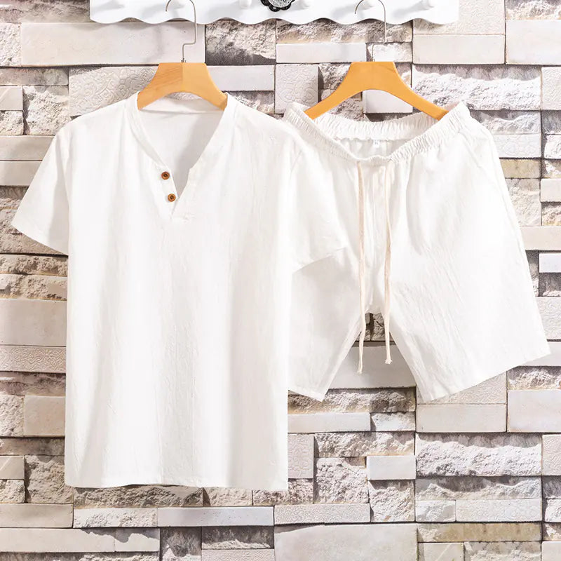 Cotton Linen Solid Color Men's T-Shirt Two-Piece Set