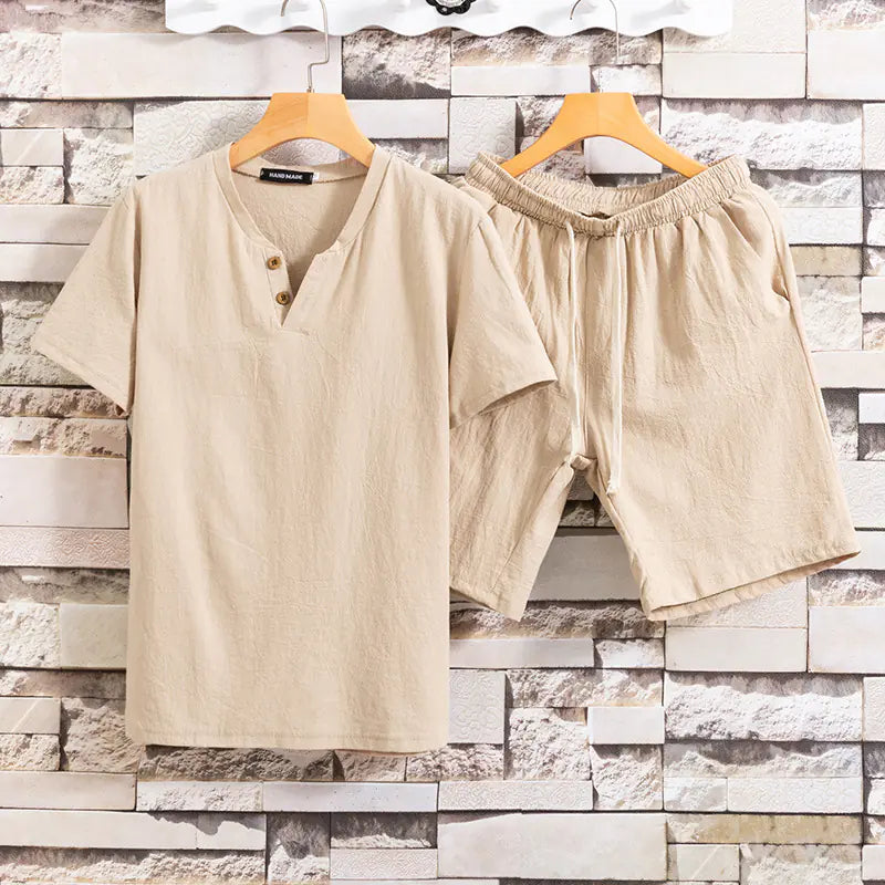 Cotton Linen Solid Color Men's T-Shirt Two-Piece Set