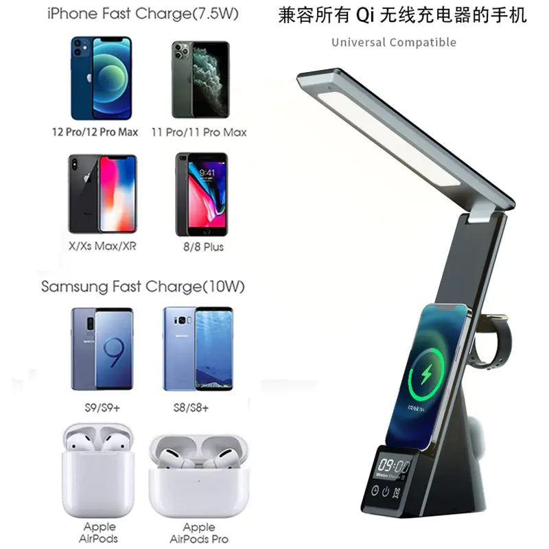 3 in 1 QI Wireless Charger LED Desk Lamp With Alarm.