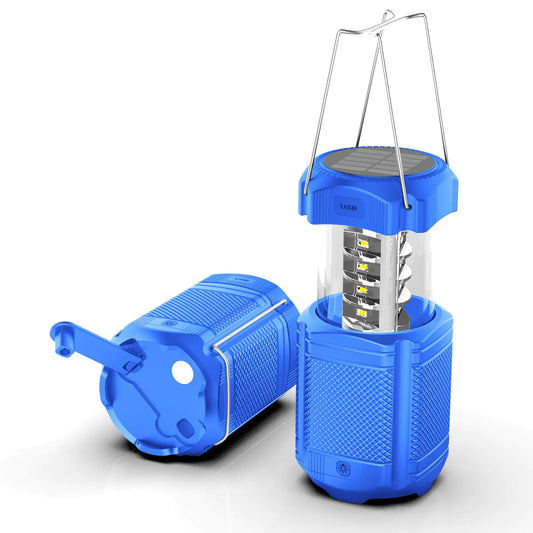 Camping Lantern 5000mAh Solar Hand Crank Telescopic LED Flashlight USB Charger for Power Outages Portable Rechargeable Battery Powered Operated Lanterns Lamp Camping Gear Accessories (Blue)
