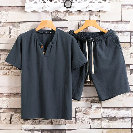 Cotton Linen Solid Color Men's T-Shirt Two-Piece Set