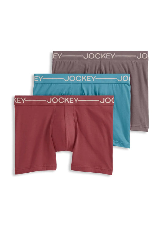 Jockey Mens Underwear Organic Cotton Stretch 4" Trunk - 3 Pack Leather Red/Dusty Skies/Raisin L