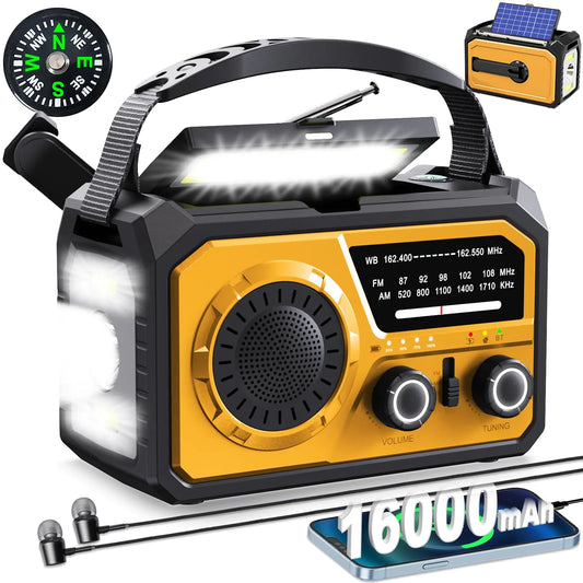 16000mAh Hand Crank Emergency Weather Radio with Wireless Speaker 59200mWh NOAA AM FM Solar Radio with Flashlight Cell Phone Charger Reading Lamp Compass SOS for Camping and Survival (Orange)
