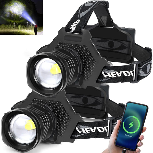 Aikertec Rechargeable LED Headlamp 100000 Lumen Super Bright Head Lamp Flashlight with 5 Lighting Modes IPX6 Waterproof Zoomable Headlamp for Camping Hiking Fishing Biking Running (2 Pack)