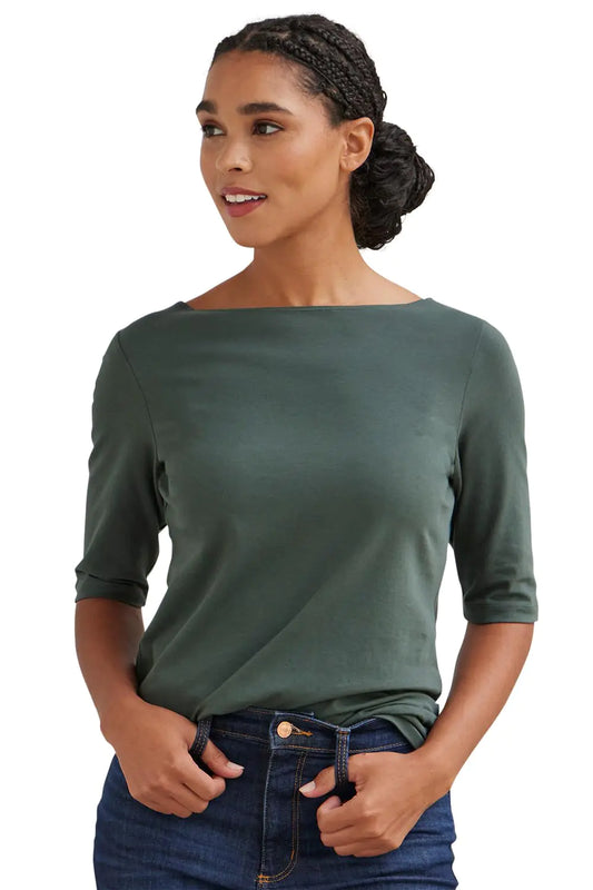 Fair Indigo Womens Organic Pima Cotton Half Sleeve Boat Neck Top (L Balsam)